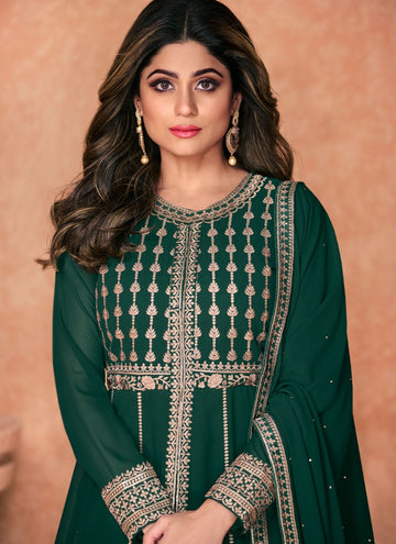 Thread Embroidery Work Georgette Green anarkali dress for women